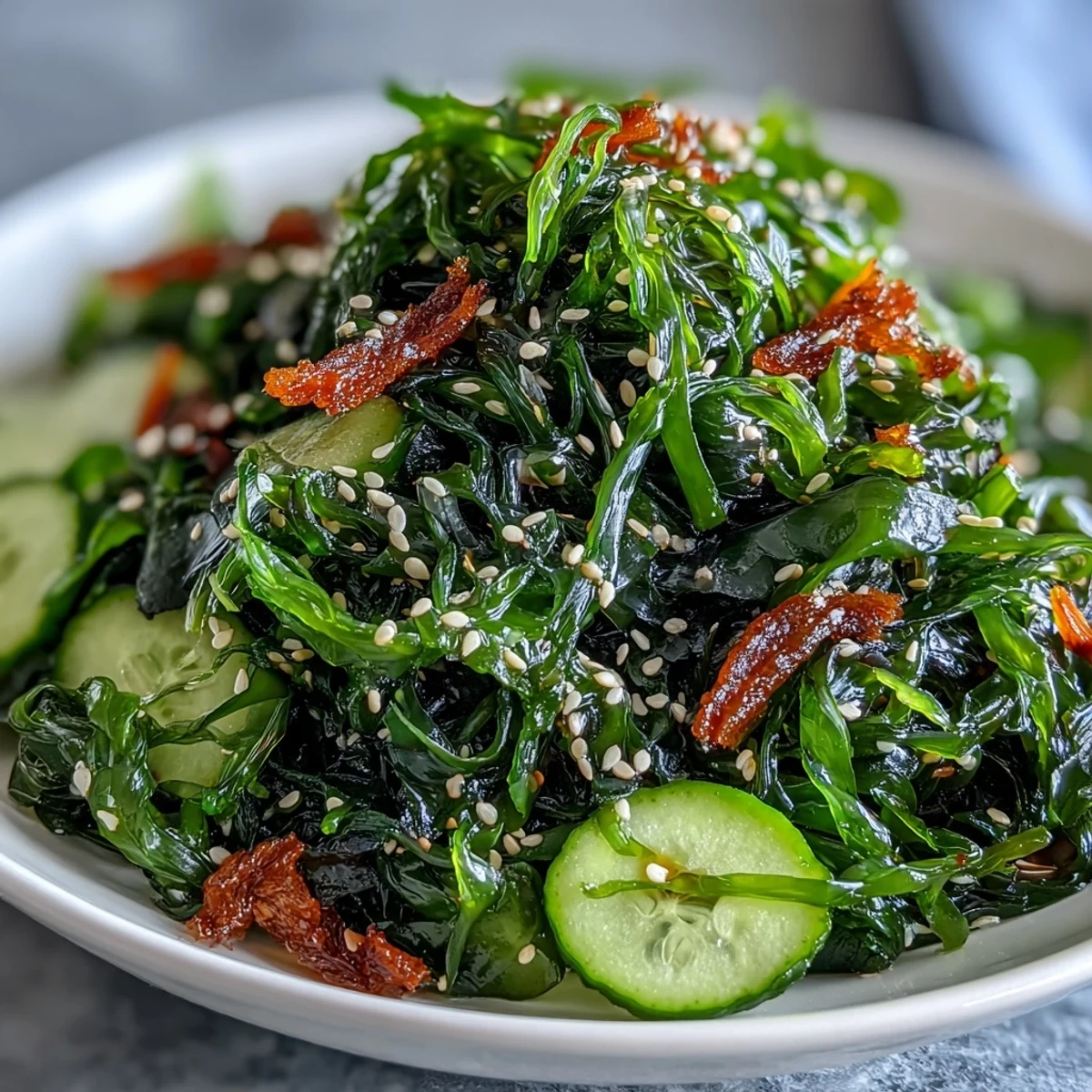 A vibrant Seaweed & Nori Crunchy Salad with mixed greens, crispy seaweed, and zesty ginger-soy dressing.  