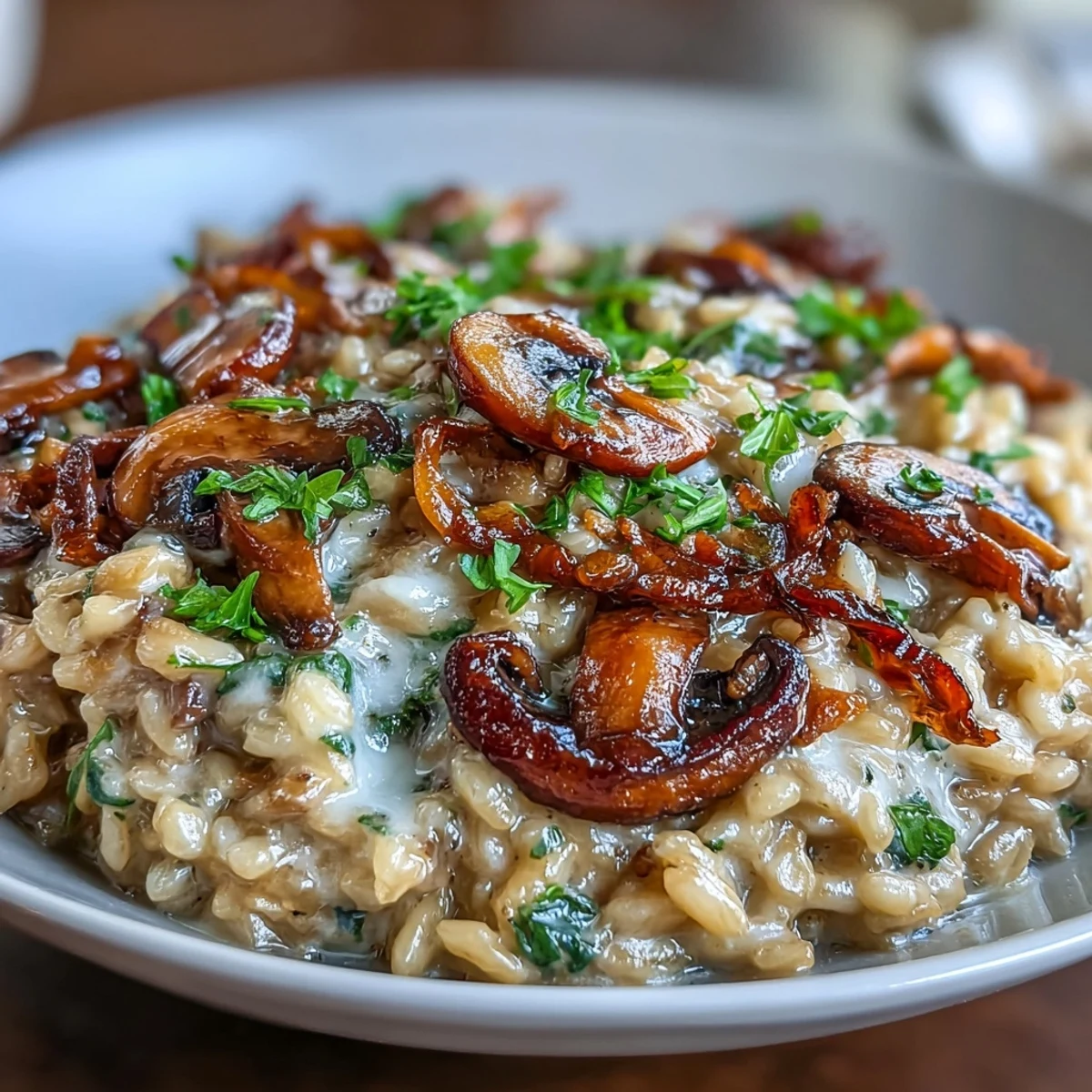 Luxurious truffle oil risotto with wild mushrooms, served in a shallow bowl and garnished with Parmesan and fresh parsley for a restaurant-quality presentation.  