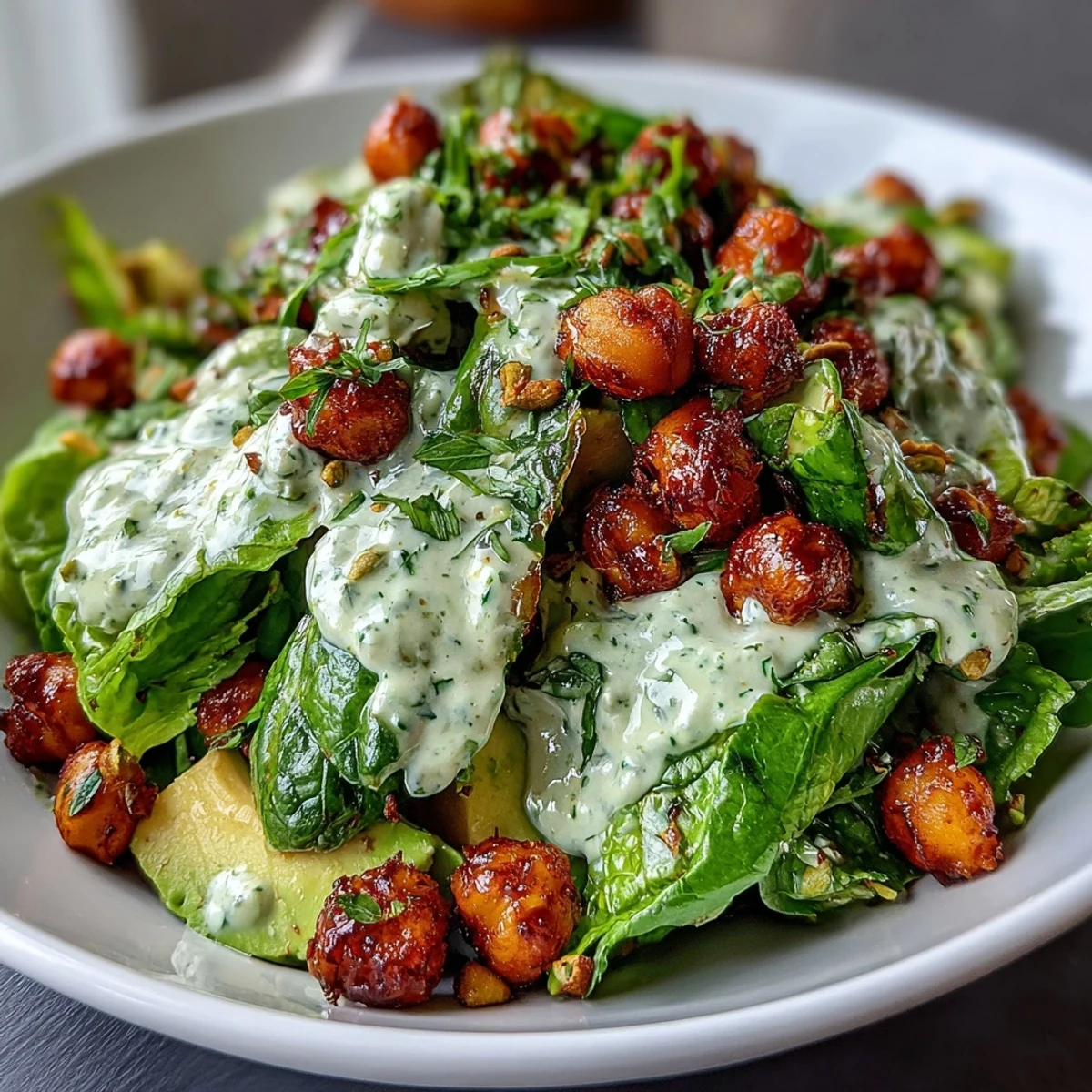 Freshly tossed Pistachio Green Goddess Salad featuring crisp romaine, spinach, juicy tomatoes, and crunchy roasted chickpeas in a zesty pistachio dressing.  