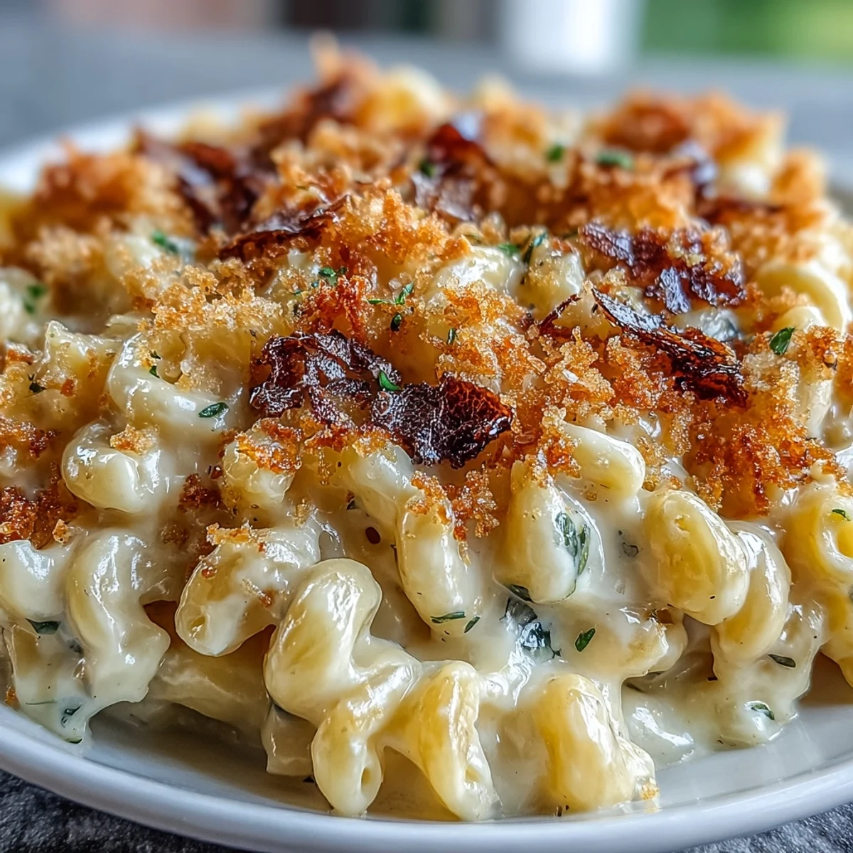Creamy truffle mac and cheese with golden panko topping, served hot from the oven with aromatic shaved black truffle.
