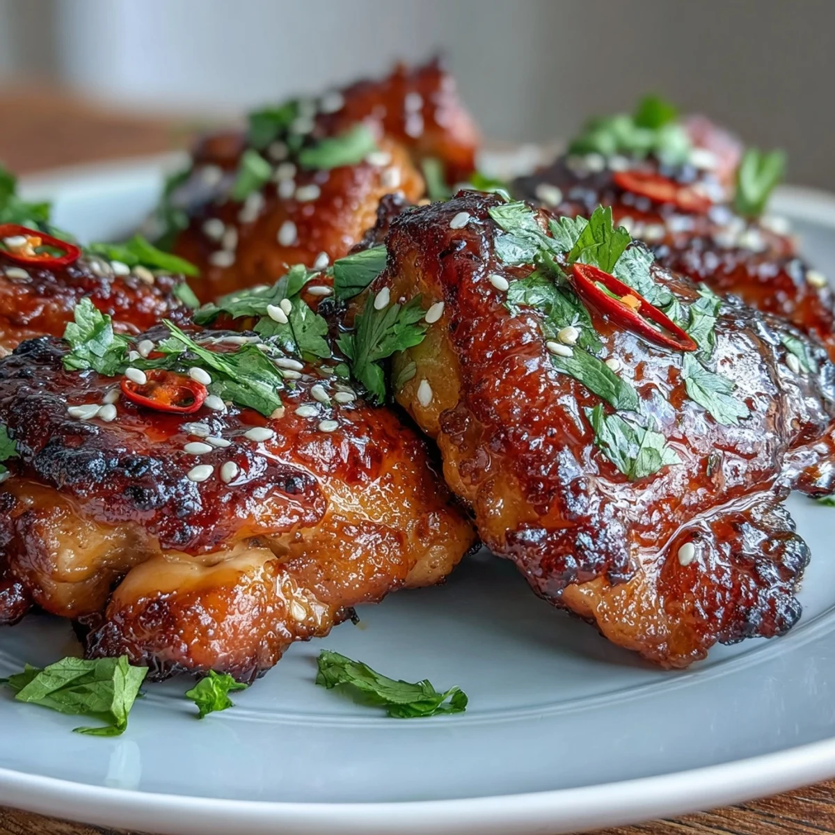 Roasted chicken thighs coated in a rich chili jam glaze, offering a perfect balance of sweet and spicy flavors ideal for family meals.