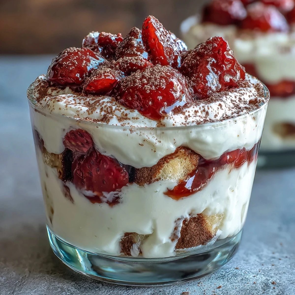 Romantic Valentine's Day treat featuring creamy mascarpone, juicy strawberries, and coffee-infused ladyfingers in individual dessert cups.