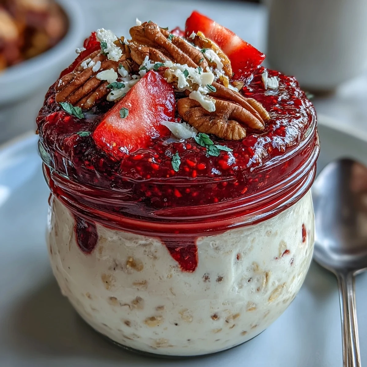Creamy overnight oats topped with vibrant strawberry chia jam, perfect for a nourishing breakfast.