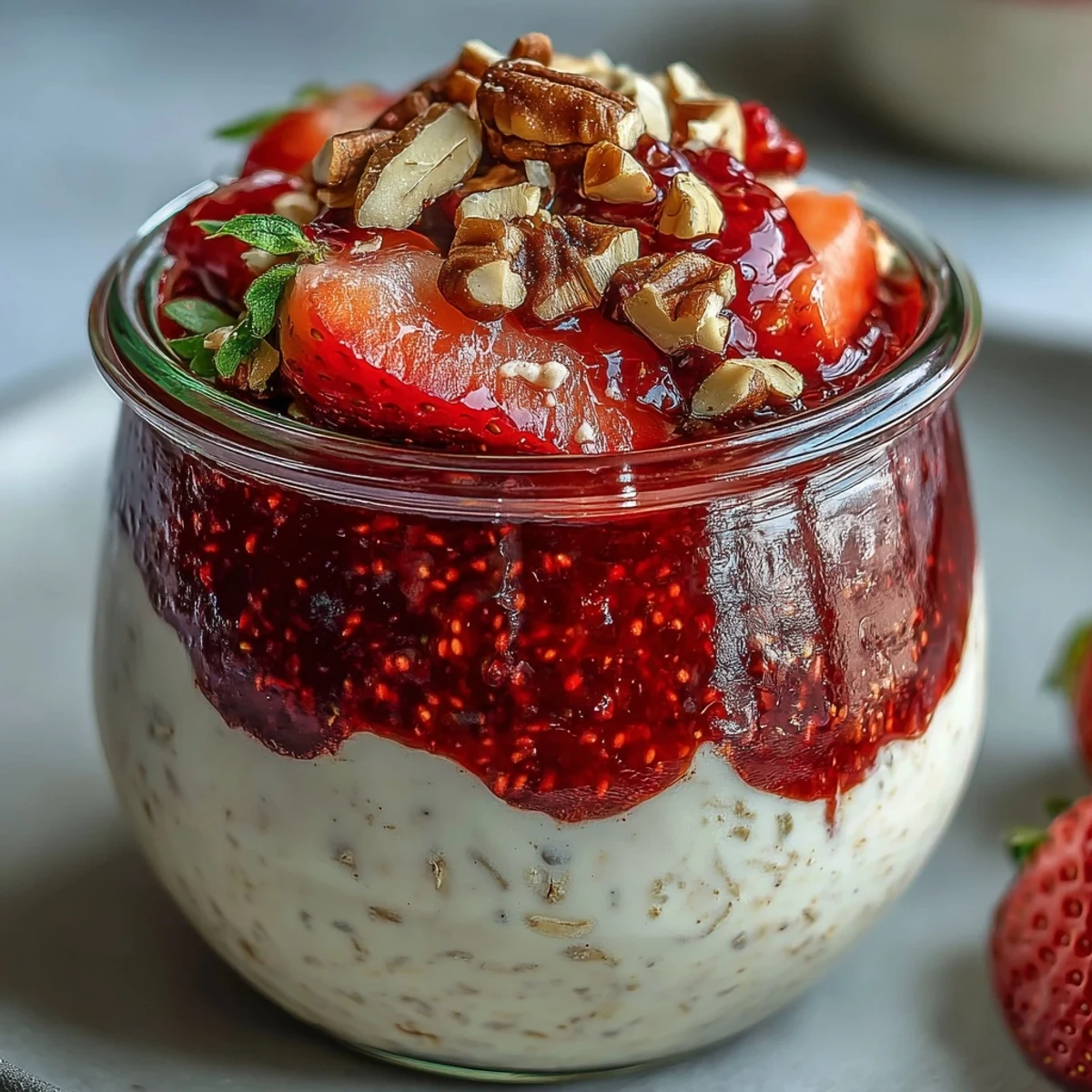 Rich and creamy oats paired with bright strawberry chia jam, ideal for busy mornings.
