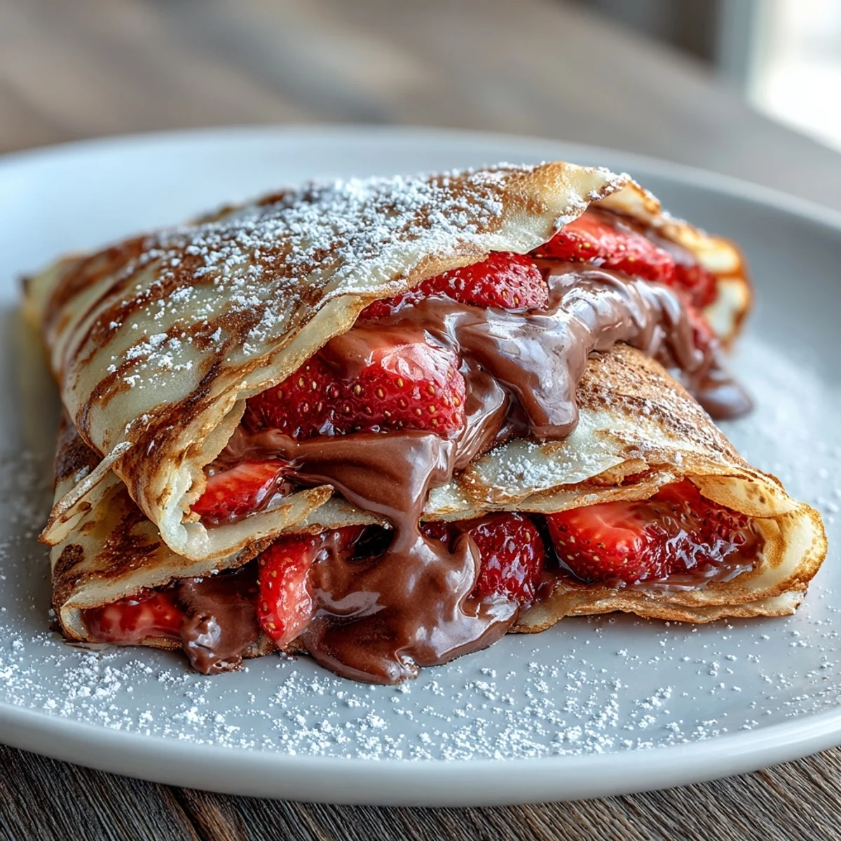 Nutella-stuffed crêpes topped with sliced strawberries and whipped cream, an indulgent Galentine's brunch treat.