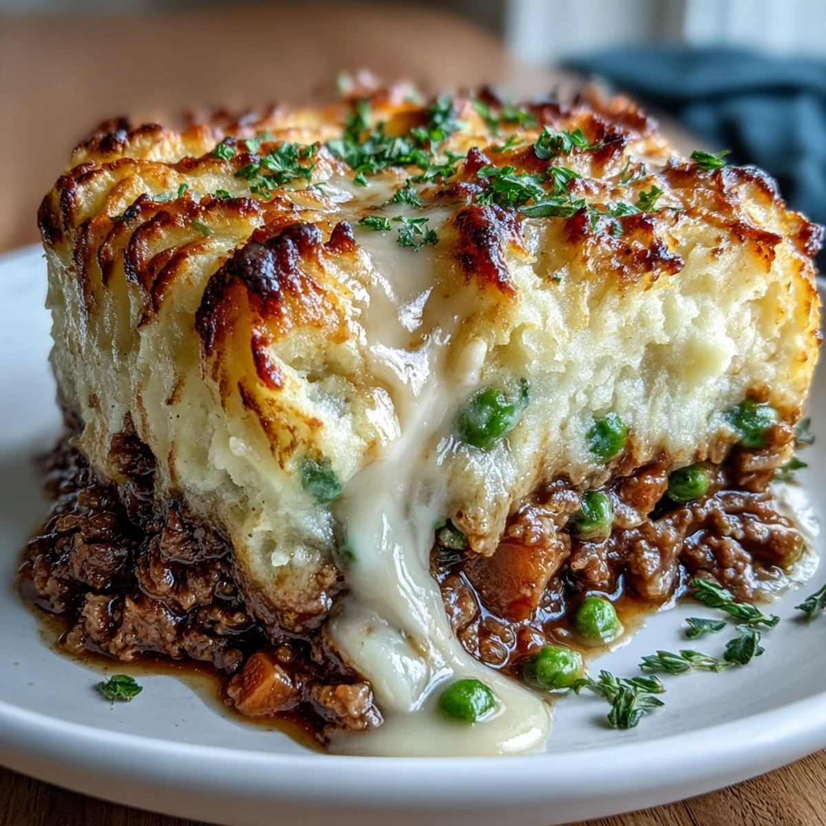 Hearty shepherds pie with cauliflower mash topping, golden and bubbling from the oven.
