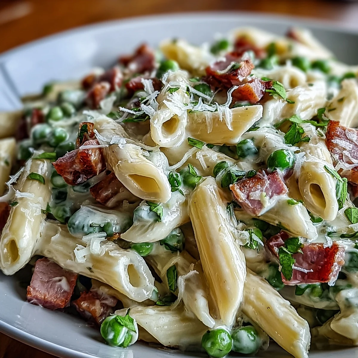 Creamy leek, pea, and ham pasta with tender noodles in a rich Parmesan sauce, garnished with fresh herbs.  