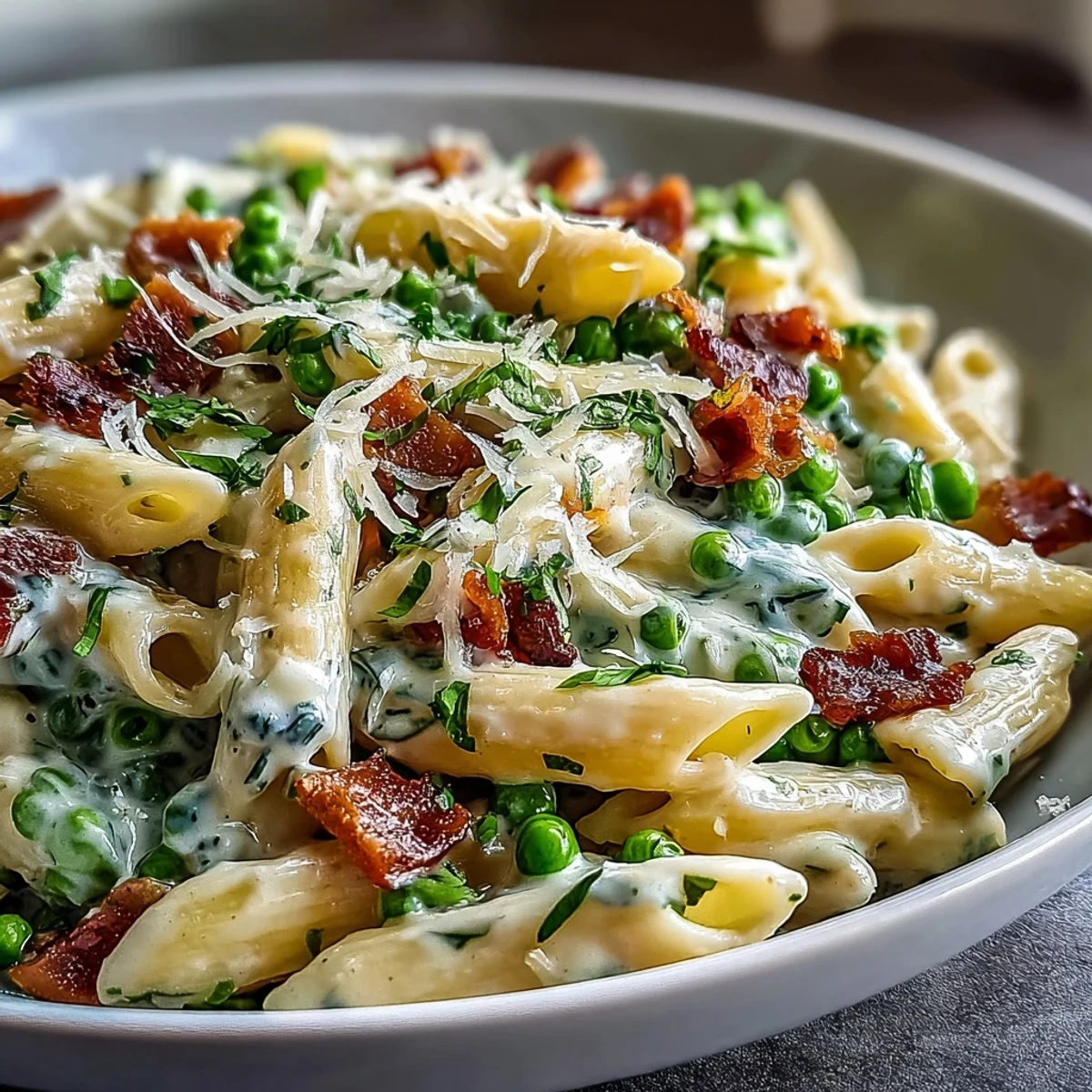 One-pot creamy pasta with sweet leeks, savory ham, and vibrant peas, perfect for a quick weeknight dinner.  