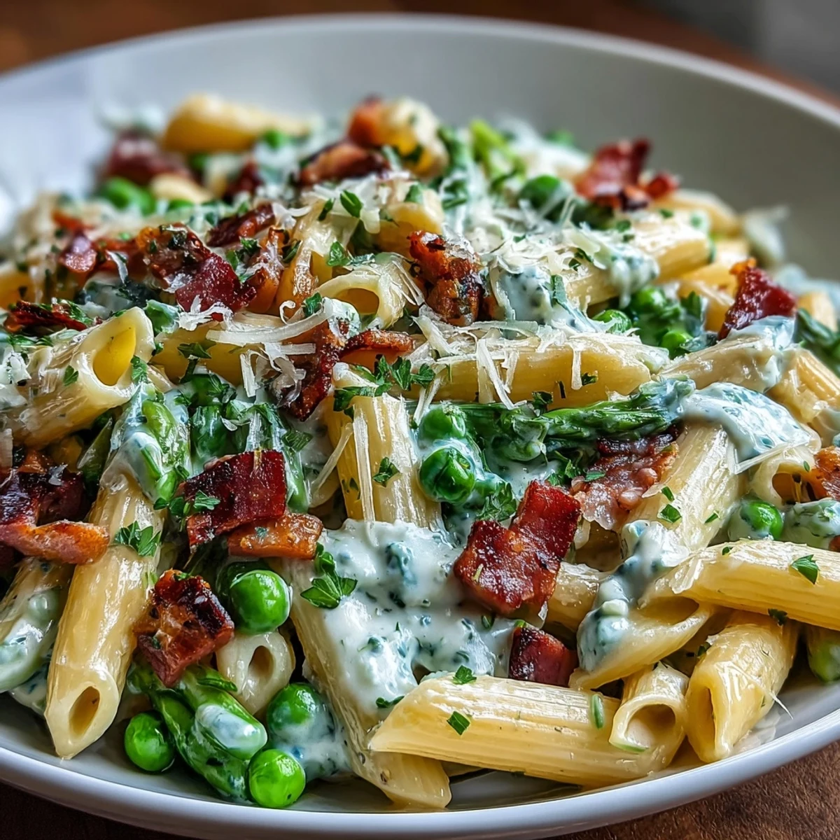 Comforting ham and leek pasta with green peas and a silky cream sauce, ideal for cozy family meals.