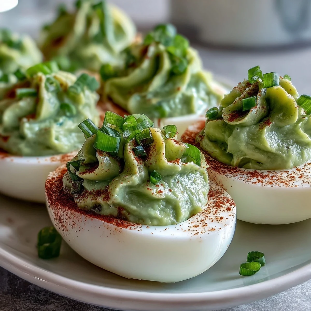Vibrant green deviled eggs with creamy avocado filling, garnished with chives and smoked paprika for a fresh appetizer.  