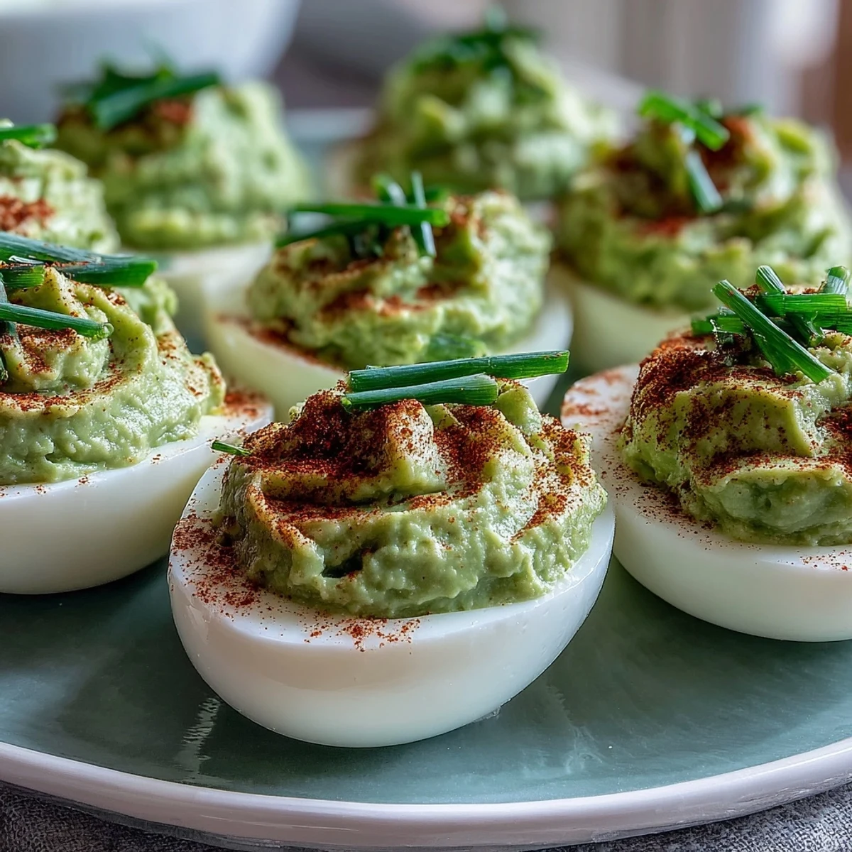Creamy avocado and egg yolk filling piped into egg whites, topped with fresh chives for a colorful party snack.  