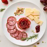 This vibrant single-serve Easy Charcuterie: Salami Rose board showcases a beautifully arranged appetizer, ready to eat.