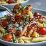 Bruschetta Chicken Pasta garnished with extra Parmesan and basil, served warm in a white bowl for a family-friendly Italian dinner.