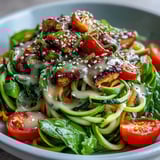 Colorful spiralized vegetable bowl featuring zucchini, sweet potato, cherry tomatoes, and spinach, drizzled with tangy lemon-tahini dressing and fresh parsley.