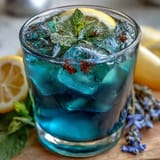 Refreshing Butterfly Pea Flower Lemonade, glistening with ice and lemon slices.