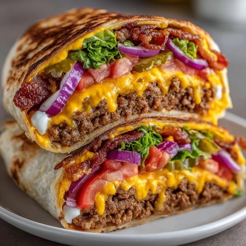 Pickle-Stuffed Bacon Cheeseburger Wraps overflowing with melty cheese, crispy bacon, and tangy pickles.