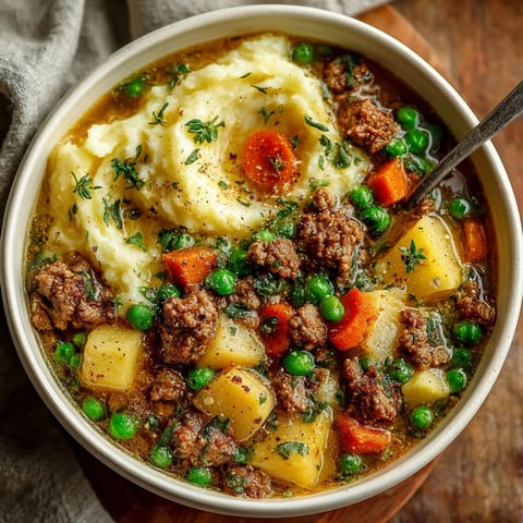 Creamy Shepherd's Pie Soup in a bowl; garnished with fresh thyme and ready to savor.