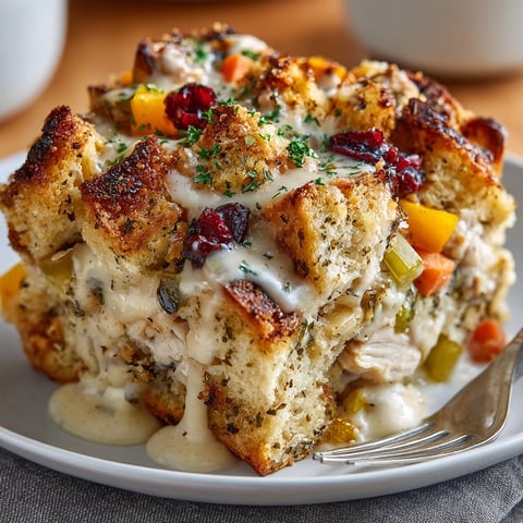 Golden brown Autumn Friendsgiving Potluck Casserole with a crisp stuffing topping, ready to serve.