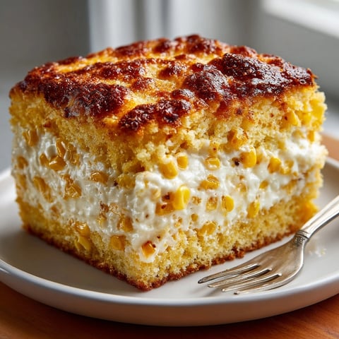 Golden-brown baked Jiffy Cornbread Pudding Casserole, warm and inviting, prepared in a glass baking dish.