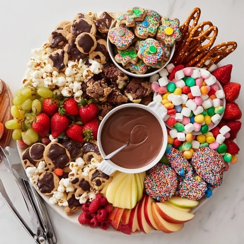 A colorful dessert board with themed snacks and sweet treats for sharing.  