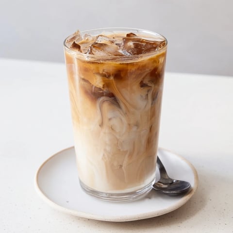 Creamy tahini iced coffee topped with plant-based milk and ice for refreshment.  