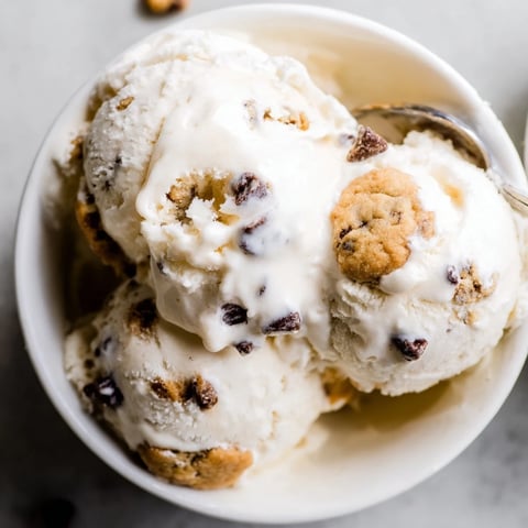 Creamy cottage cheese ice cream swirled with delicious cookie dough clumps.  