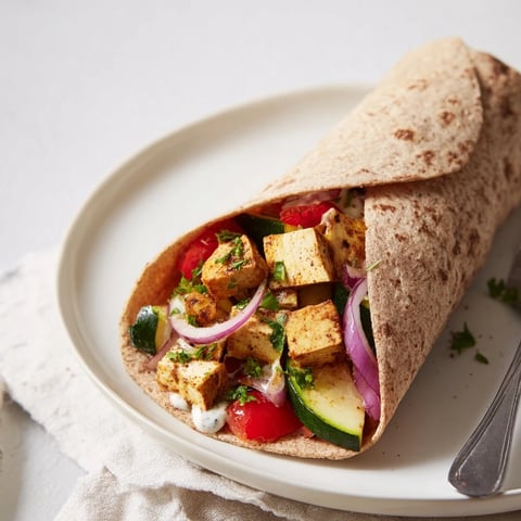 Vibrant vegan viral recipe re-make featuring roasted tofu and fresh vegetables in wraps.  