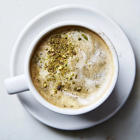 Creamy pistachio milk latte topped with crushed nuts, perfect for coffee lovers.  