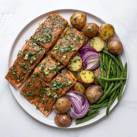 Sheet pan Lemon Herb Salmon with golden potatoes, a flavorful and healthy American dinner.
