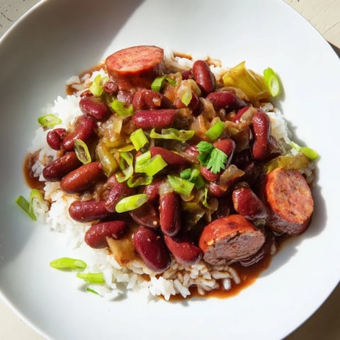 A steaming bowl of Red Beans & Rice, showcasing the rich, savory broth and sausage.