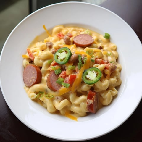 Close-up photo of creamy Chili Cheese Dog Mac & Cheese with bubbly, golden cheese and chili.