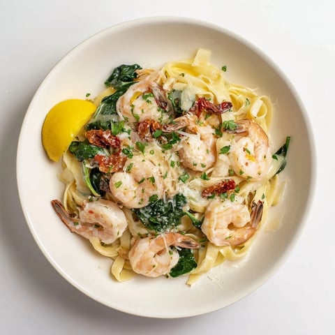 Tuscan Garlic Shrimp Pasta, a delicious creamy dish, features juicy shrimp and flavorful sun-dried tomatoes.