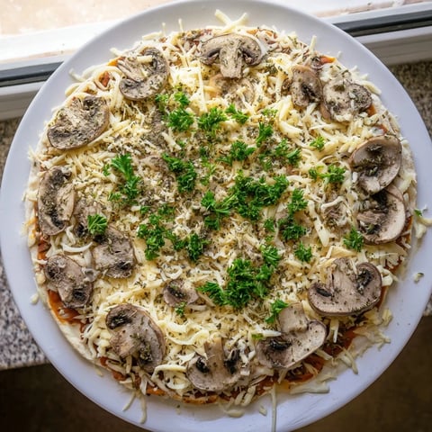 Golden, bubbly Frozen Pizza Upgrade with mushrooms, herbs, and cheese, ready for a satisfying, vegetarian dinner.