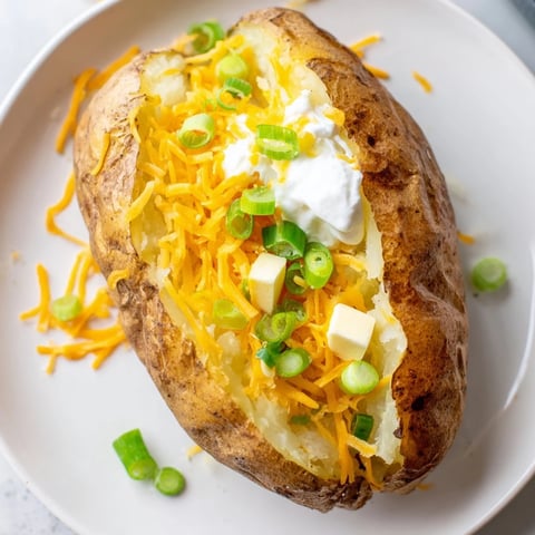 Steaming baked potato bar, loaded up with cheese, sour cream, and flavorful toppings ready to enjoy.