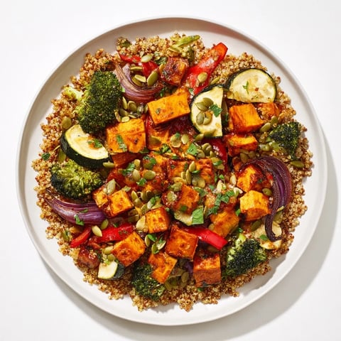 A colorful quinoa bowl with roasted seasonal veggies and creamy lemon-tahini dressing.