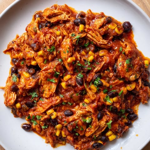 Juicy slow cooker salsa chicken, perfect for tacos, boasting vibrant red salsa sauce and flavorful spices.