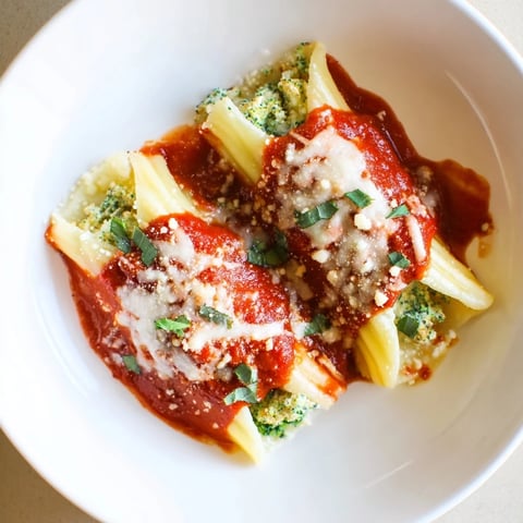 Cozy Broccoli Stuffed Manicotti bubbling in a rich marinara sauce, topped with melted mozzarella cheese.