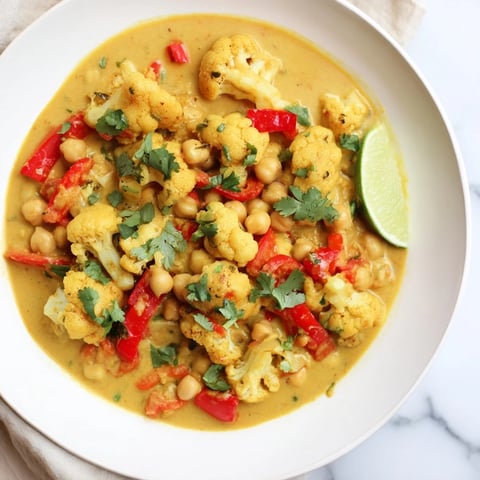 Curried Cauliflower and Chickpea Coconut Stew, ready to serve, vibrant with fresh cilantro.