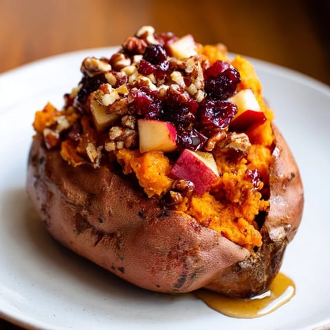 Golden, festive Cranberry Apple Twice-Baked Sweet Potatoes, a comforting fall side dish, ready to serve!