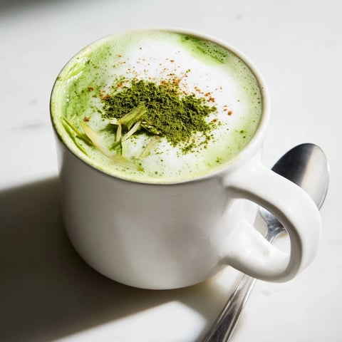 Steaming mug of Coconut Ginger Matcha Winter Immunity Latte, topped for a cozy and delicious caffeine fix.