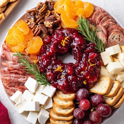 A vibrant Cranberry Wreath Platter overflows with cheese, meats, crackers, and sparkling cranberry sauce.