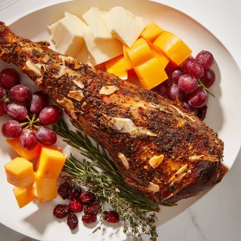 Thanksgiving Turkey Legs Charcuterie visually displays a delightful arrangement, with golden roasted turkey legs as the centerpiece.