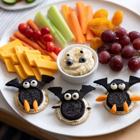 Flying Bat Halloween Snack Board with spooky, olive-eyed crackers and adorable chocolate bat cookies.