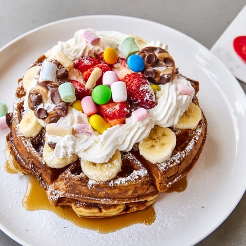 Golden gingerbread house waffles with colorful candies and whipped cream, ready to eat!