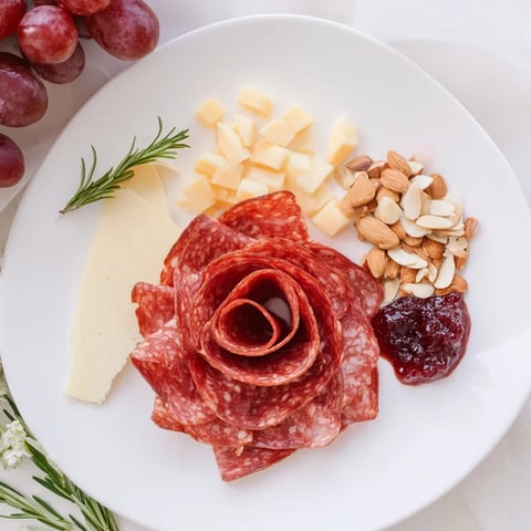 Delicious Easy Charcuterie: Salami Rose board with creamy cheeses, fresh fruit and savory salami.