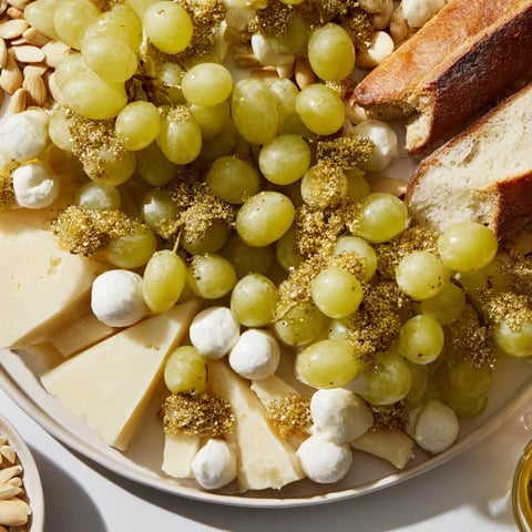 Sparkling Champagne Toast appetizer boasts glistening sugared grapes, Brie, and gold dust, ready for celebration.