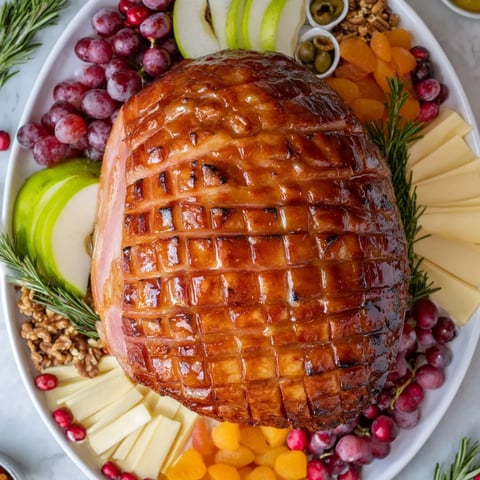 A glistening, glazed ham centerpiece board, a festive holiday dish perfect for sharing.