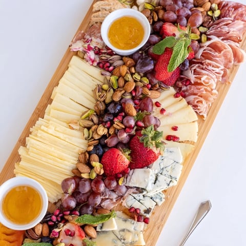 A close-up of the Pomegranate Jewel Cascade, with ruby-red seeds glistening amongst savory cheeses.