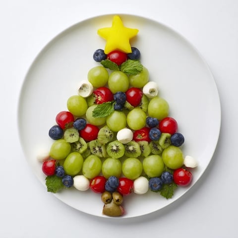 Festive Christmas Tree Triangle Board arranged with green grapes, olives, and kiwi rounds, ready to eat.