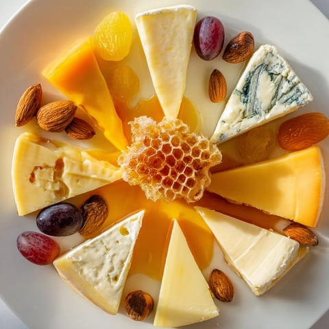 A beautiful Gilded Hive cheese board features hexagon-cut cheeses and crackers around a honeycomb.